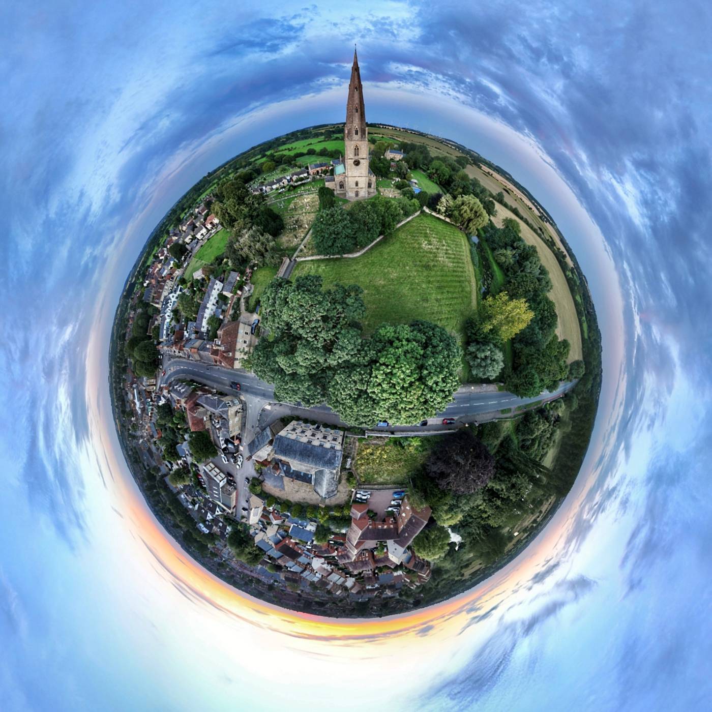 Aerial 'little planet' view of Olney with St Peter and St Paul church at the top